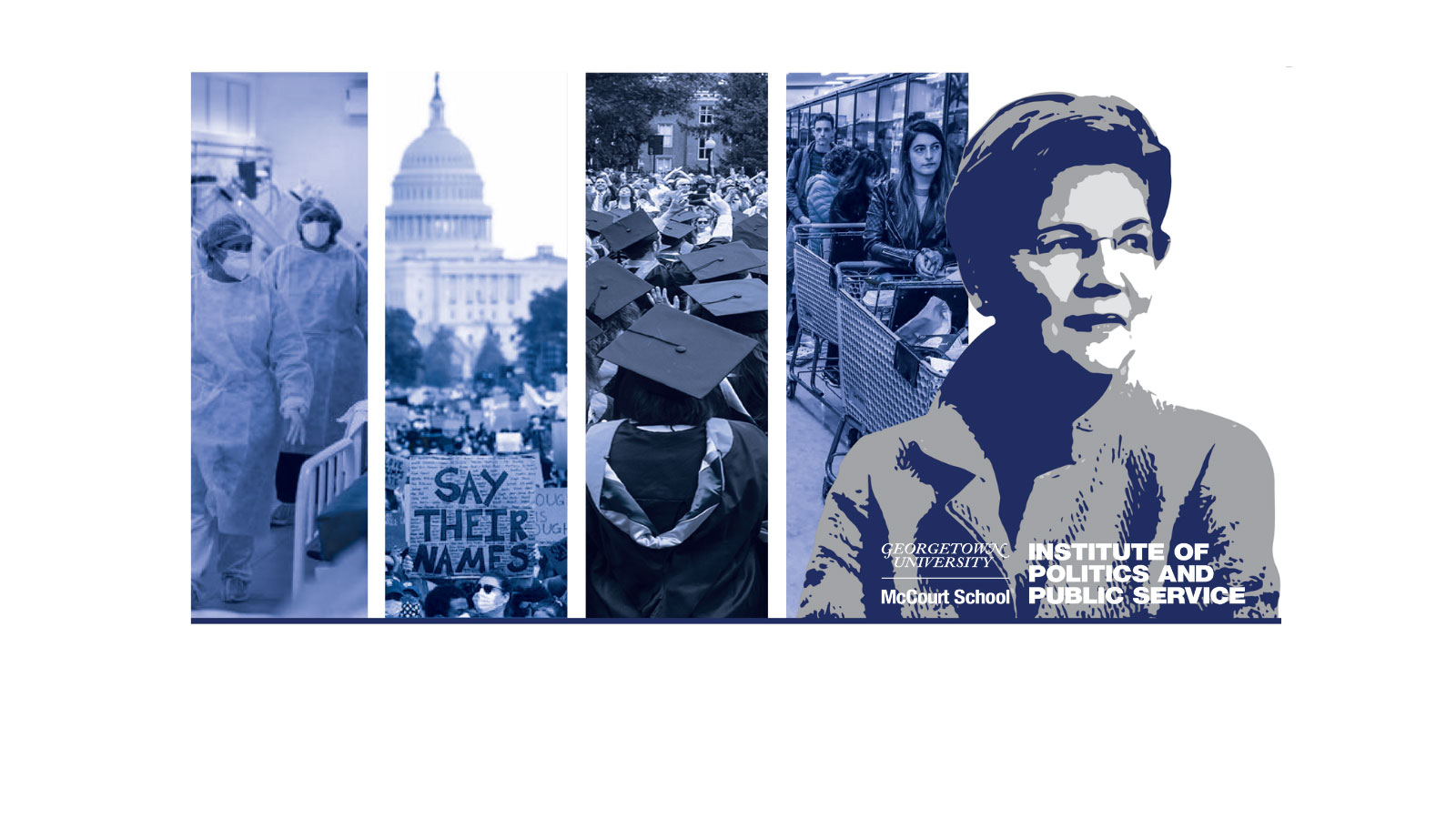 Senator Elizabeth Warren - montage of various scenes of DC, graduates, health care workers, people in check-out line