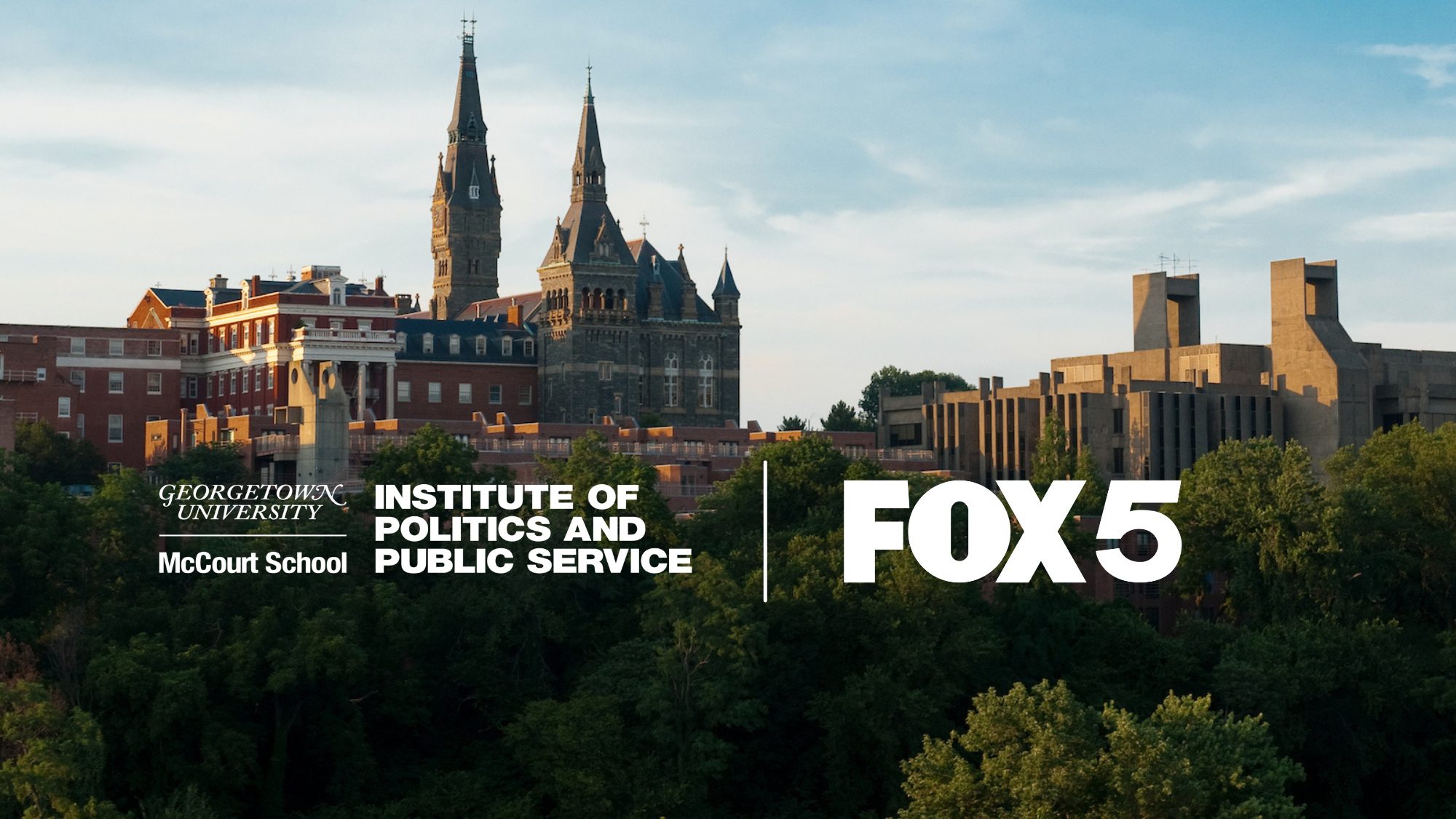 Image of Georgetown skyline with GU Politics &amp; FOX 5 logos centered on top