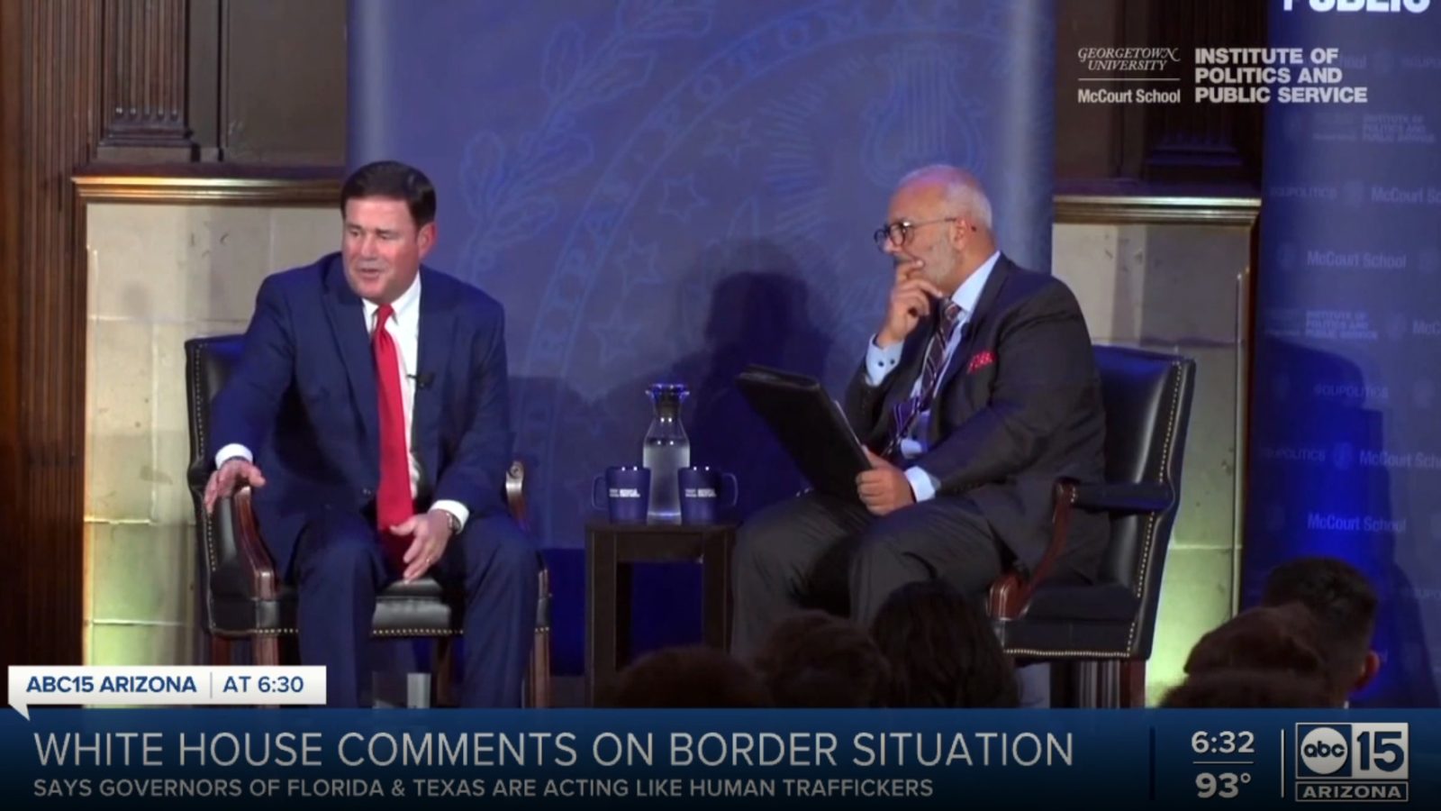 Image of Gov. Ducey & Mo Elleithee on stage during Forum event
