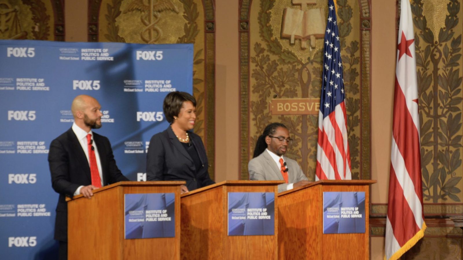 Mayoral Candidates Mayor Muriel Bowser and her main Democratic challengers, Council members Robert White and Trayon White met at Georgetown University&#039;s Gaston Hall June 1
