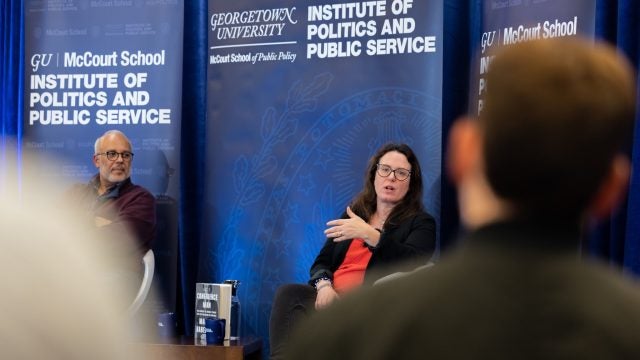 Maggie Haberman on stage with Mo Elleithee during her discussion on &#039;Confidence Man&#039;