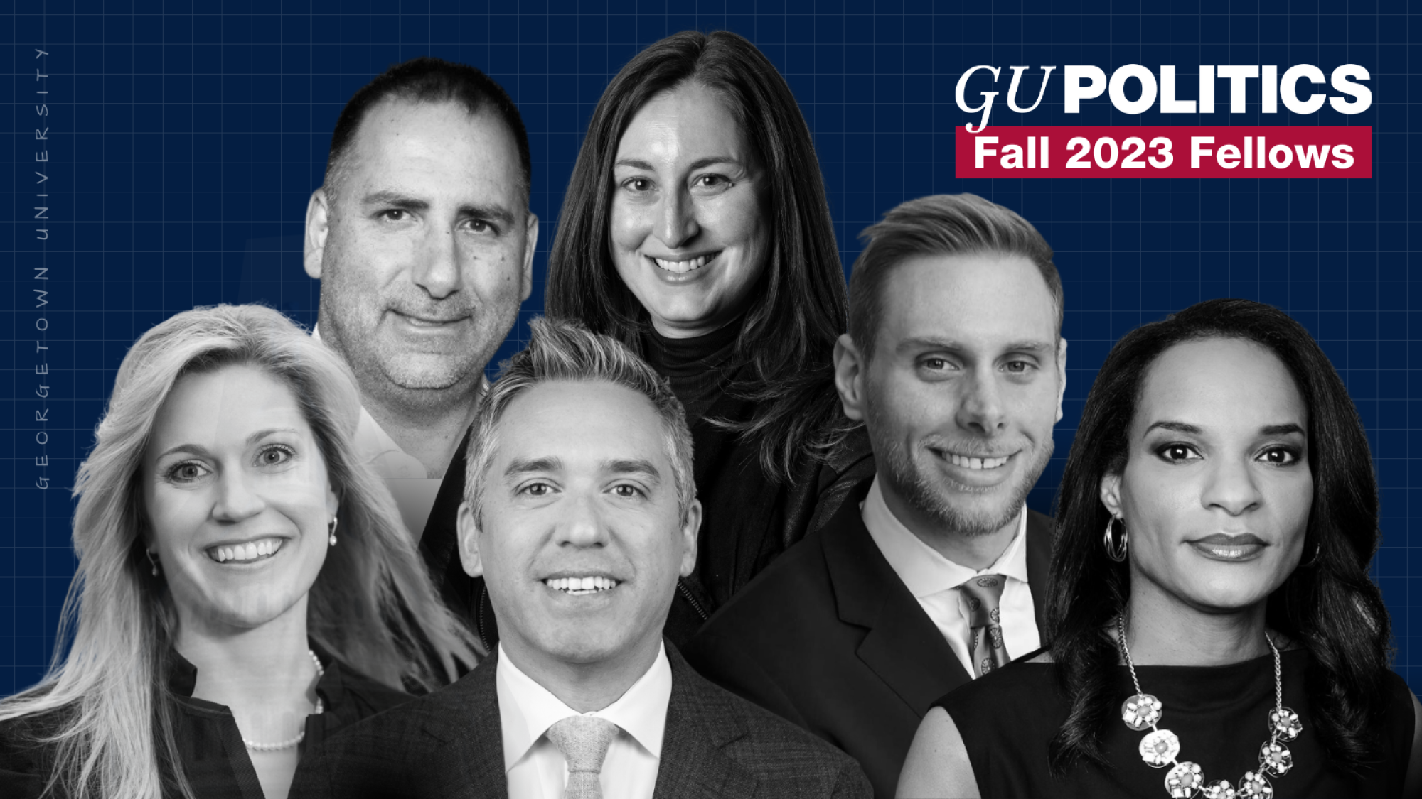 Dark blue graphic with faces of the six Fall 2023 Fellows in black and white.
