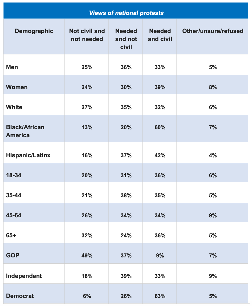Detailed table of "Views of National Protests": demographics & categories - in-depth chart information can be reviewed in the full-text data report