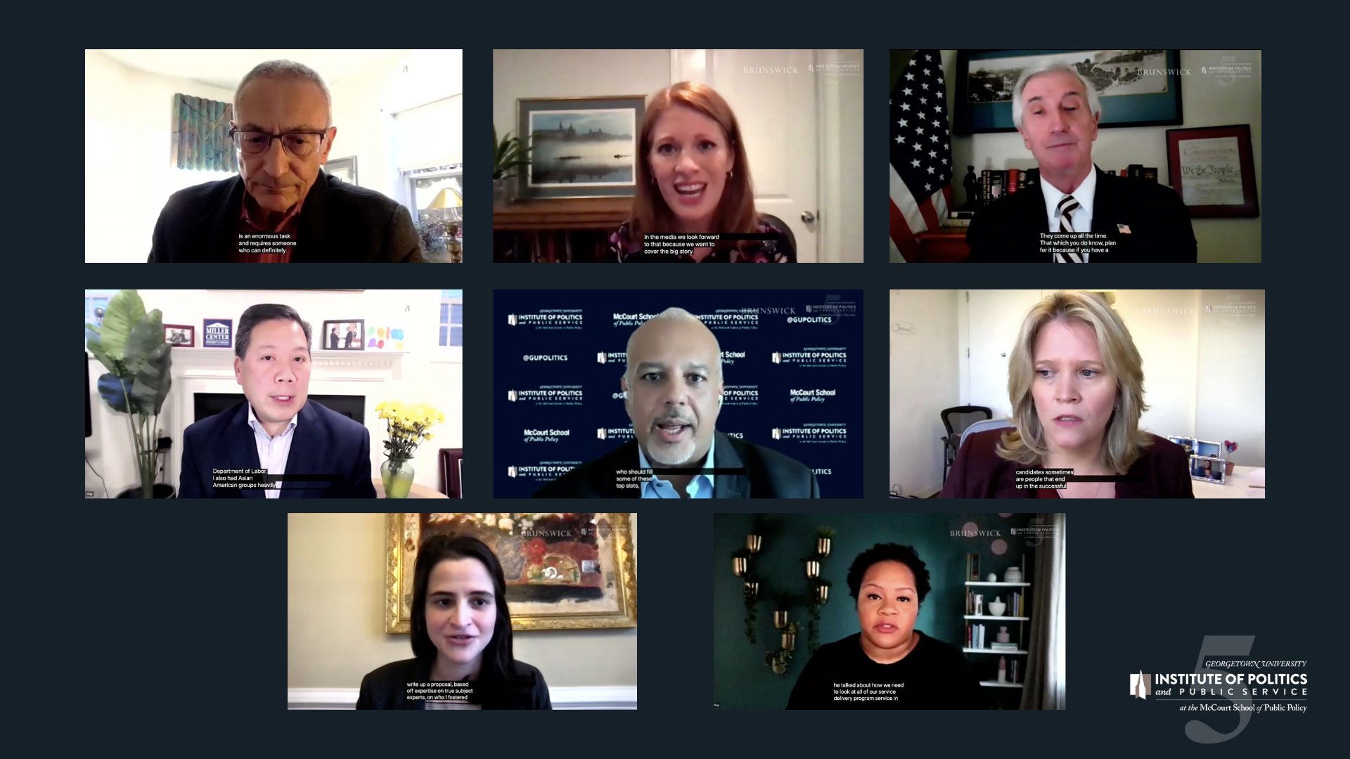 On December 8th, 2020, the Institute of Politics and Public Service partnered with the Brunswick Group to host three separate conversations exploring the processes and decisions that go into a presidential transition. Zoom screen with participants.