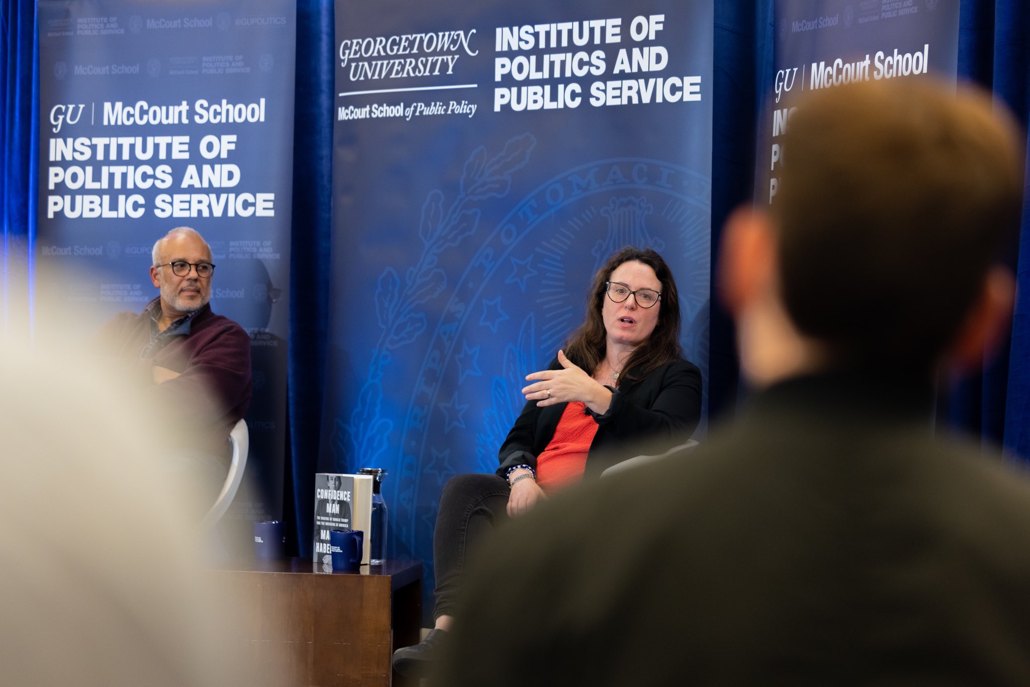 Maggie Haberman on stage with Mo Elleithee during her discussion on 'Confidence Man'