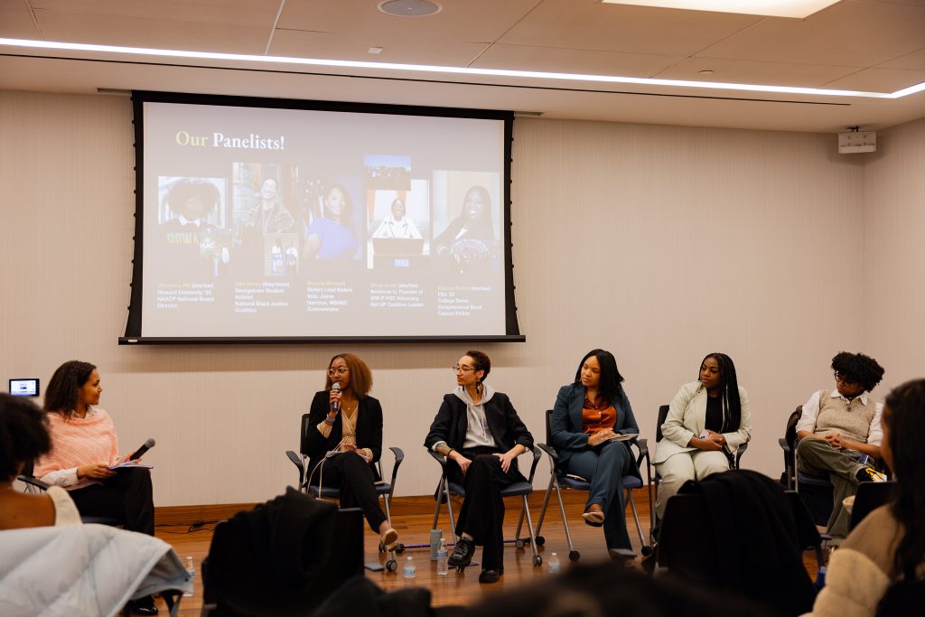 A panelist speaks at an NAACP panel at Georgetown.