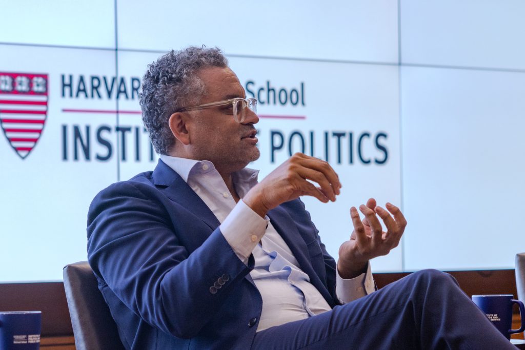 Closeup of Jonathan McBride gesturing and speaking. 
